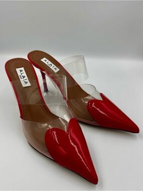 ALAÏA Red Patent Leather Coeur Heart Plexi Mules | Clear PVC Pointed Toe Size 40
